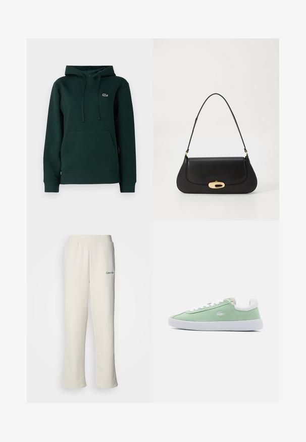 Lacoste Mikina s kapucňou - sinople; Krémové tepláky Calvin Klein s voľným strihom, elastickým pásom a malým zeleným logom na ľavej strane. Mäkka a hladká textúra.; Zelené zamatové tenisky s bielymi šnúrkami a pätou. Obsahujú jemné logo na boku a štruktúrované detaily blízko päty. Plochá gumová podrážka.; Čierna kožená kabelka s prehnutým dizajnom, zlatými kovovými detailmi a horným uchom. Má elegantné zatvorenie a hladký povrch.