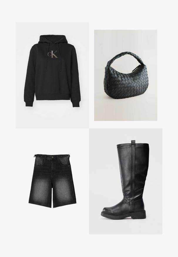 Felpa nera in misto cotone, con tasca a marsupio frontale, cappuccio con cordino e un logo "CK" dorato sul petto.; Shorts in denim nero con una finitura scolorita, cinque tasche, chiusura con bottone e passanti per cintura. Il tessuto ha una consistenza liscia.; Stivali neri al ginocchio realizzati in morbida pelle con suola piatta, dotati di una cucitura laterale e di una piccola linguetta nella parte superiore per una facile indossabilità.; Borsa a tracolla nera intrecciata con forma arrotondata, superficie testurizzata e una robusta maniglia intrecciata. Dotata di chiusura con zip per una conservazione sicura.
