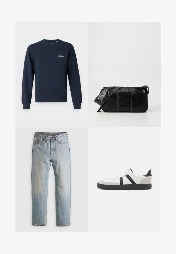 Navy blue sweatshirt, crew neck, long sleeves, ribbed cuffs, and hem. Features "Club1990" embroidered on the left chest. Soft fabric texture.; Light blue denim jeans with high waist, front button, zipper, and five-pocket design, laid flat on a neutral background.; White sneaker with black and gray accents, featuring a textured gray toe cap, black rubber sole, and flat white laces. Clean design, minimalist style.; Black leather shoulder bag with a zip closure, featuring a textured body, white stitching, and a strap with silver grommets.