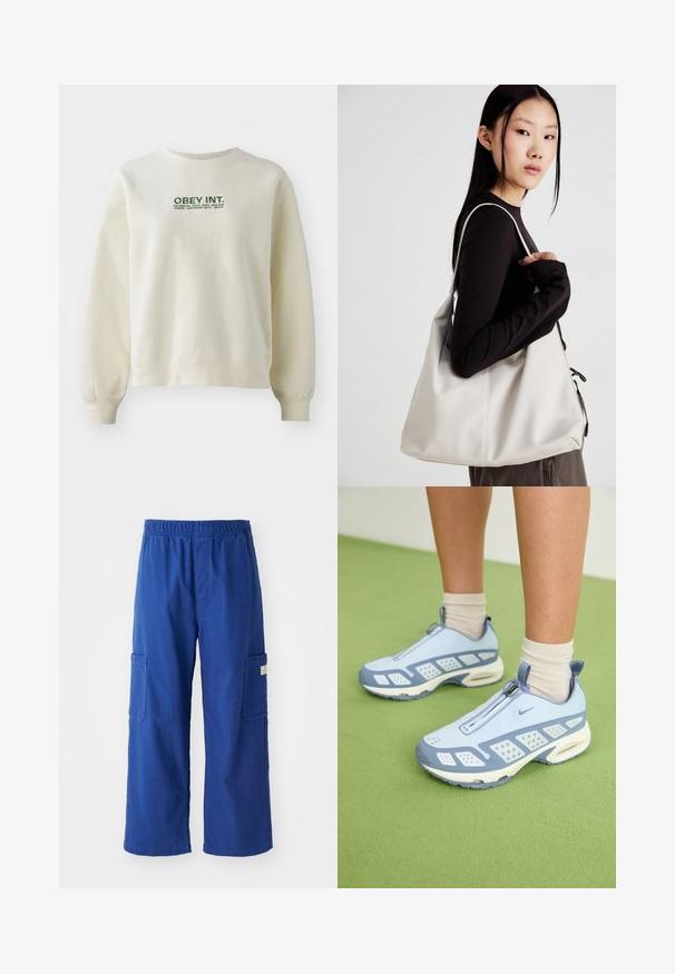 Light cream sweatshirt made of soft fabric. Features a green "OBEY INT." logo above city names. Comfortable fit with ribbed cuffs.; Royal blue cargo pants with an elastic waistband, featuring two side pockets and a relaxed, straight-leg design.; Light blue athletic shoes with white accents, textured panels, and a zip closure. Features a visible air cushioning sole and rubber outsole.; Beige handbag made of soft material, featuring a slouchy design, stitched detailing, and two shoulder straps. Suitable for everyday use.