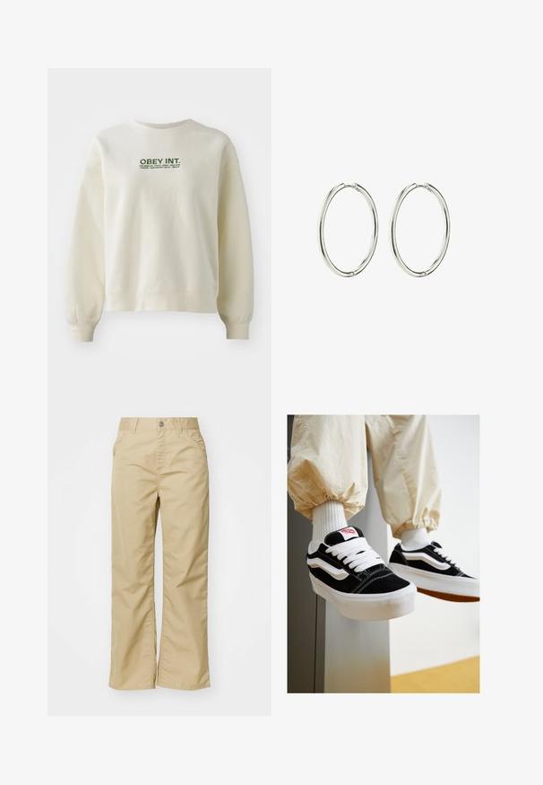 Hele kreemivärvi dressipluus, mis on valmistatud pehmest kangast. Ees on roheline "OBEY INT." logo linnade nimede kohal. Mugav istuvus ja ribaga mansetid.; Beezist puuvillased laiad püksid siledast tekstuurist, esiküljel taskud ja hõbedane nupp vööl.; Mustvalged ja valgete sametisttennisjalatsitega, millel on tasased valged paelad, tekstureeritud kummitald ja külgtriipude disain. Kanda kreemivärvi kitsaste pükstega.; Hõbedased rõngaskõrvarõngad, millel on sile ja poleeritud viimistlus. Ümmargune kuju, kerge disain, millel on turvaline sulgemismehhanism.