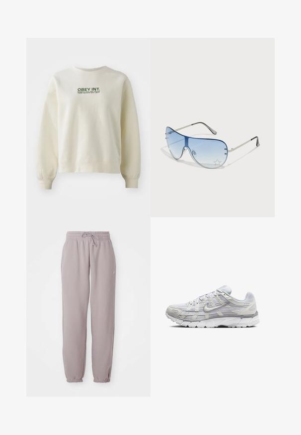Felpa color crema chiaro realizzata in tessuto morbido. Presenta un logo verde "OBEY INT." sopra i nomi delle città. Vestibilità comoda con polsini a costine.; Pantaloni da tuta in fleece color malva chiaro con vita elasticizzata, cordino, tasche laterali e polsini elasticizzati, mostrati distesi su uno sfondo bianco.; Scarpe da ginnastica grigio chiaro con tomaia in rete e sintetico, dotate di chiusura con lacci, collo imbottito e suola testurizzata per una migliore aderenza.; Occhiali da sole aviator con lenti blu sfumate, montatura in metallo argentato e decorazioni a forma di stella sulle lenti. Design liscio e sofisticato.