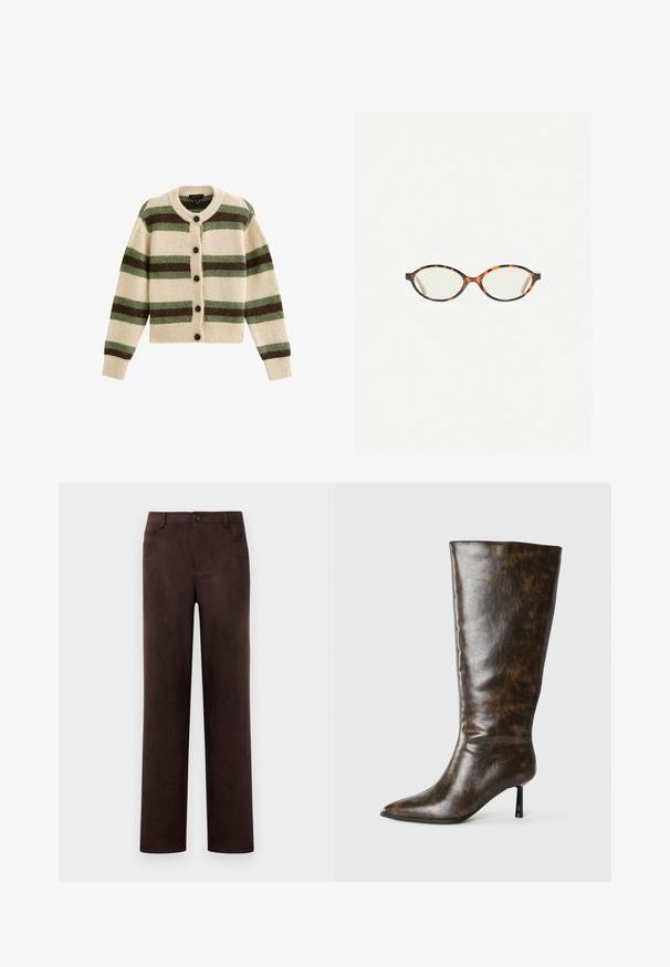 Kremowy kardigan w ciemnozielone i brązowe paski. Posiada okrągły dekolt, zapięcie na guziki oraz ściśnięte mankiety i dół. Miękka, fakturowana tkanina.; Proste nogawki, ciemno-brązowe spodnie z zamszu z zapięciem na guzik i zamek błyskawiczny, szlufkami na pasek oraz kieszeniami bocznymi.; Brązowy zniszczony skórzany czółenek do kolan z szpiczastym noskiem i cienką szpilką na białym tle.; Okulary w kolorze tortoiseshell z owalnymi soczewkami i gładkim, eleganckim wykończeniem. Posiadają cienkie boki z delikatnym łukiem w okolicy skroni. Przezroczyste soczewki.; Tkany beżowy skórzany damska torba z jednym paskiem na ramię, o prostokątnym kształcie i teksturowanej powierzchni. W zestawie regulowane elementy paska.