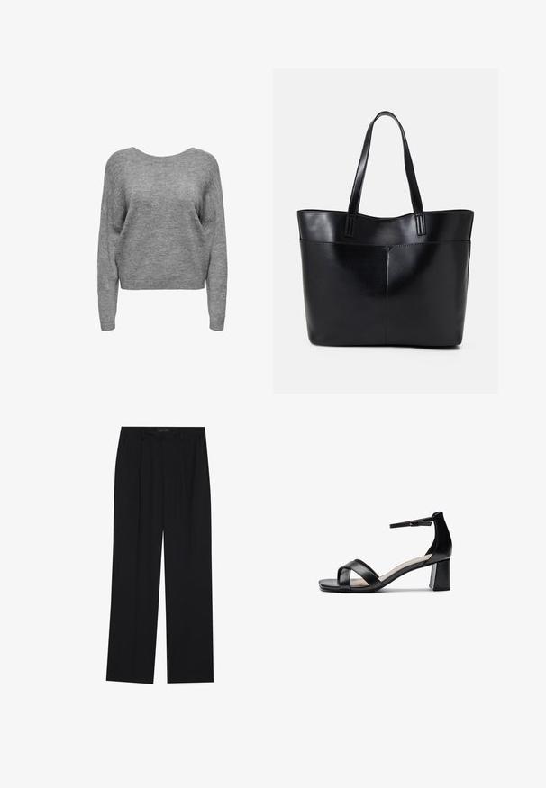 Šedý zkrácený svetr s širokým výstřihem, dlouhými rukávy a měkkou, texturovanou pleteninou. Jednoduchý design, bez vzorů nebo ozdob.; Černé kalhoty se střihem rovného nohavice, které mají dvě přední kapsy a pas. Vyrobené z hladkého, lehkého materiálu.; Černé sandály na podpatku s otevřenou špičkou, kříženými pásky, nastavovacími pásky kolem kotníku a robustním podpatkem, s hladkou koženou texturou.; Černá kožená taška s dlouhými ušima, hladkým povrchem a strukturovaným tvarem. Obsahuje přední kapsu pro další úložný prostor.