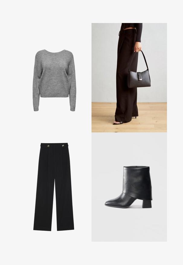 Sivi skraćeni pulover s širokim dekolteom, dugim rukavima i mekim, teksturiranim pletenim materijalom. Jednostavan dizajn, bez uzoraka ili ukrasa.; Crne hlače širokih nogavica s visokim strukom, s dugmadi na pojasu i prednjim nabora.; Crna kožna čizme do gležnja sa šiljastim prstom, glatke teksture i strukturiranim blok petom. Ima visoki, preklopljeni dizajn manžetne.; Crna torba s oblikom koji sadrži strukturu, glađu teksturu i metalnu kopču. Uparena s širokim crnim hlačama i sandalama na otvorenom s drvenog poda.
