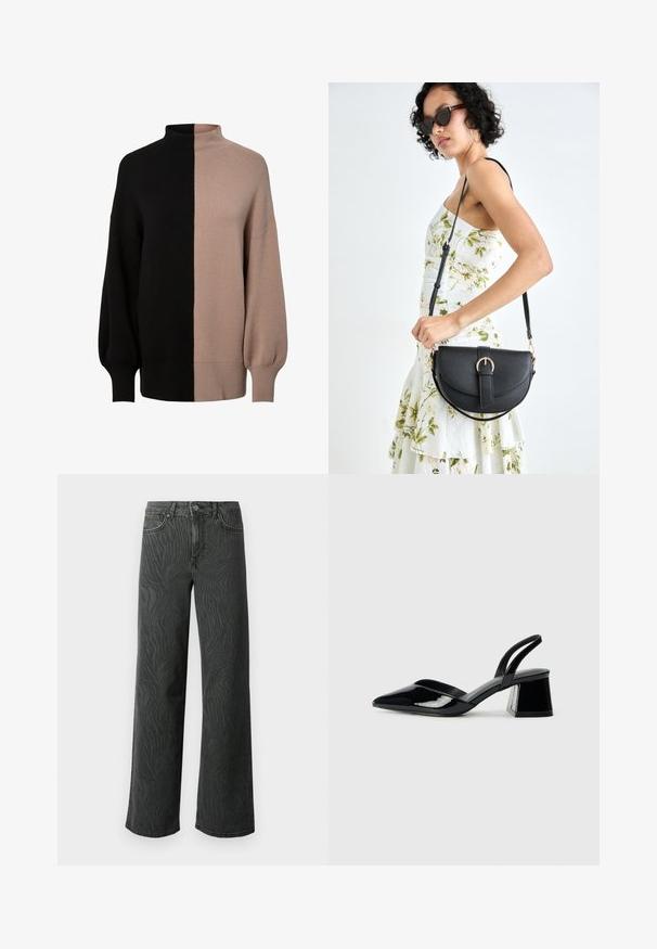 Megztas megztas golfo džemperis su dalijimosi dizainu juodos ir šviesiai smėlinės spalvų, laisva forma, raukšlėmis galais ir minkšta tekstūra.; Platus džinsai tamsiai pilkoje denimo medžiagoje, su subtiliu zebro rašto tekstūra, kontrastinėmis siūlėmis ir penkių kišenių dizainu su mygtukiniu užsegimu.; Juodos lakuotos odinės šlepetės su smailiu pirštu ir geometriniu bloko kulnu. Turi elegantišką, minimalistinį dizainą ir lygų paviršių.; Juodas odinis krepšys su išlenkta forma, nuimamu dirželiu ir auksiniais detalėmis. Krepšys turi kilpą su sagtimi.