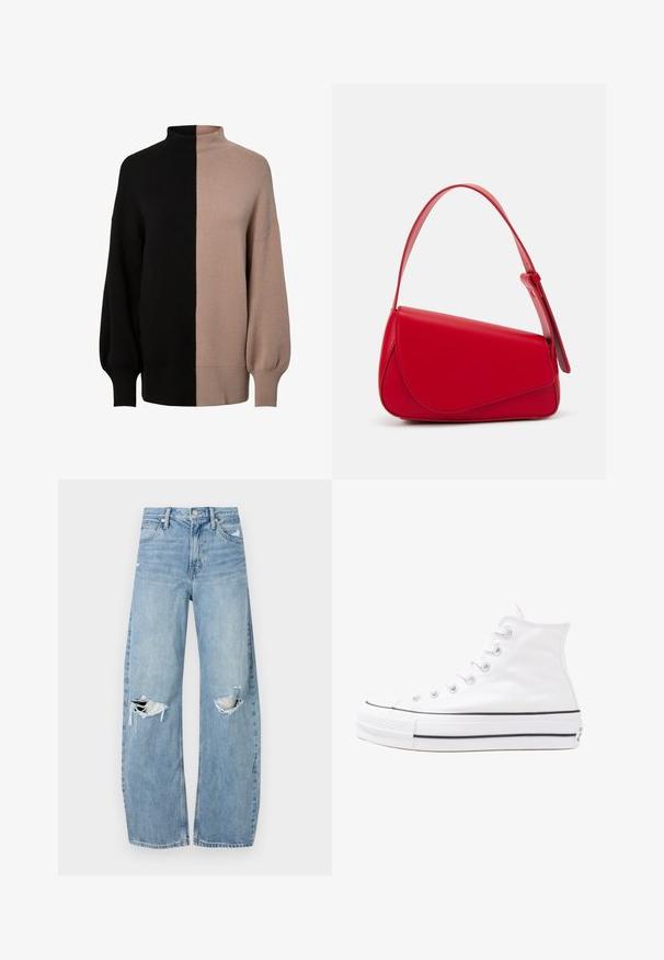 Pulôver de gola alta em malha com um design dividido em preto e bege claro, com um corte descontraído, punhos canelados e textura suave.; Jeans de lavagem clara, de cintura alta, feitos de denim. Apresentam pernas largas, duas áreas rasgadas nos joelhos e o estilo clássico de cinco bolsos.; Sapatilha alta de tela branca com sola de borracha preta, bico de borracha na frente e seis ilhós para os atacadores, apresentando um design limpo e minimalista.; Bolsa de mão em couro vermelho com um design angular e geométrico. Apresenta uma única alça ajustável e um fecho com aba, com detalhes cosidos.