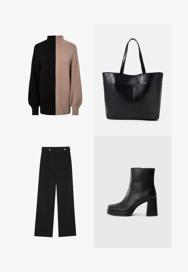Knitted turtleneck sweater featuring a split design in black and light beige, with relaxed fit, ribbed cuffs, and soft texture.; Black wide-leg trousers with high waist, button details on waistband, and front pleats.; Black leather ankle boot with a block heel and platform sole, viewed from the side on a plain white background.; Black leather tote bag with two long handles, a smooth texture, and a structured shape. Features a front pocket for additional storage.