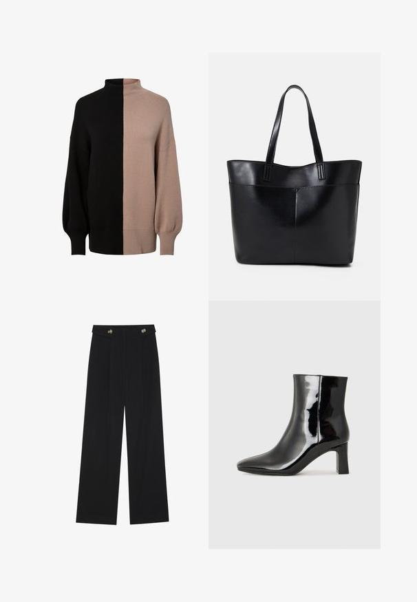 Strikket halskravegenser med delt design i svart og lys beige, avslappet passform, ribbestrikkede mansjetter og myk tekstur.; Svart vide bukser med høy midje, knappdetaljer på midjebåndet og frontplisser.; Sorte patentlær ankle boot med spiss tå og en mellomhøy blokkhelt. Glatt tekstur og minimalistisk design.; Svart lær toteveske med to lange håndtak, en glatt tekstur og en strukturert form. Har en frontlomme for ekstra oppbevaring.