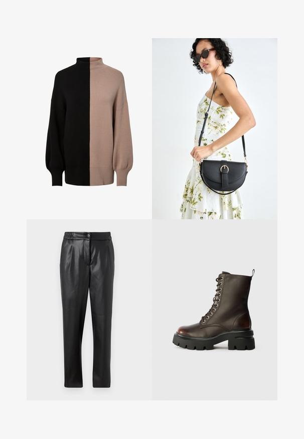 Pleteni pulover s turtleneck iz split dizajnom v črni in svetlo bež barvi, sproščenega kroja, z ribastimi manšetami in mehko teksturo.; Črne usnjene hlače z gladko teksturo, ravnim krojem, elastičnim pasom in sprednjim gumbom; nagubani detajli in zoženi nogi.; Temno rjavi usnjeni čevlji za boj s čipkami in debelim črnim podplatom ter zankico za peto, prikazani v profilu na beli podlagi.; Črna usnjena torbica s ukrivljeno obliko, z odstranljivo naramnico in zlatimi dodatki. Torbica ima pokrov s podrobnostmi v obliki zaponke.