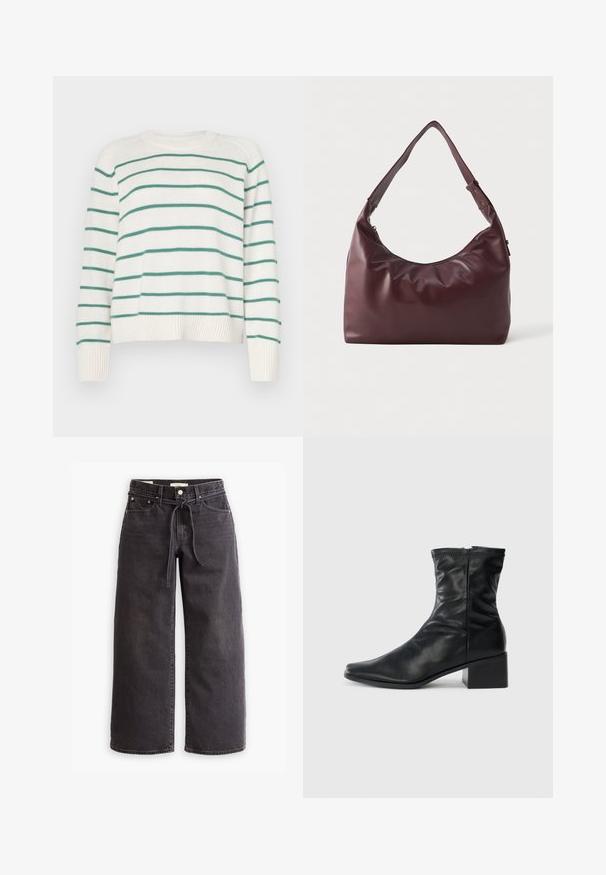 Weißer Pullover mit grünen horizontalen Streifen, rundem Ausschnitt und gerippten Bündchen. Weiche Textur, leicht verkürzter Schnitt mit lockerer Passform.; Schwarzes Langarm-Turtleneck-Shirt aus glattem Stoff; figurbetontes Design mit hohem Kragen und ohne sichtbare Nähte. Einfache, einfarbige Ausführung.; Schwarze, weit geschnittene Jeans aus Denim mit einem Zugbandbund, fünf Taschen und kontrastierenden Nahtdetails. Flacher Frontschnitt.; Schwarze Lederstiefelette bis zur Wade mit quadratischer Zehenform, seitlichem Reißverschluss und Blockabsatz auf einem schlichten weißen Hintergrund.; Glatte bordeauxrote Leder-Schultertasche mit verstellbarem Riemen und Reißverschluss, vor einem schlichten weißen Hintergrund präsentiert.