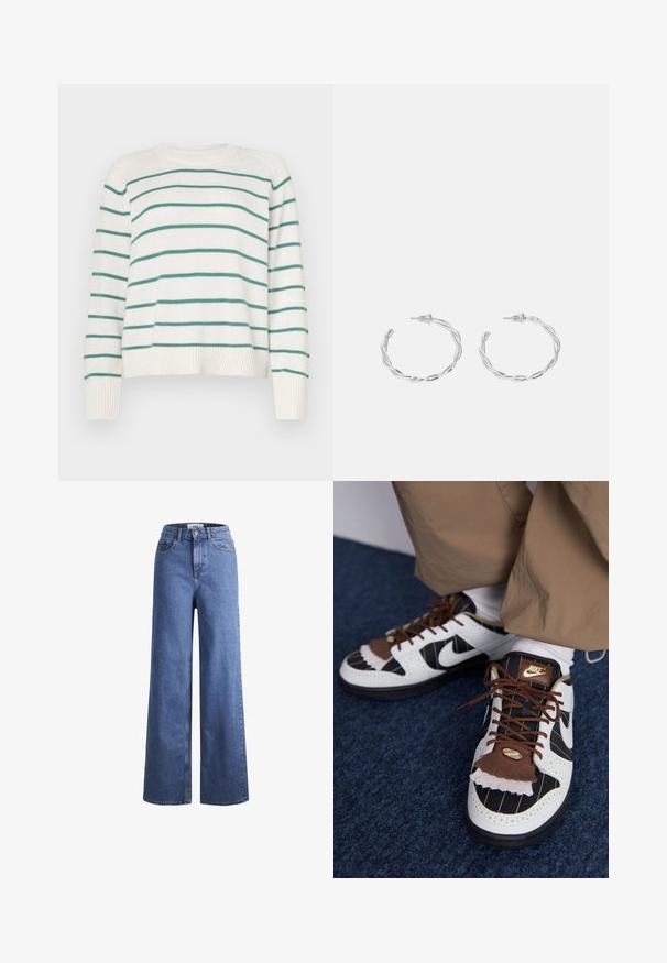 Hvit genser med grønne horisontale striper, rund halslinning og ribbestrikkede mansjetter. Myk tekstur, litt cropped design med løs passform.; Lyseblå denim vide benbukser med høy midje, to frontlommer og synlig søm. Har knapp- og glidelås-lukking.; Nike-sko med hvit, svart og brun materiale. Har et strukturert brunt flaap, stripete design og tradisjonell snøring med gull aksenter.; Sølv hoops øredobber med en tvistet design, som har en polert finish og bakstøtte. Mål omtrent 3 cm i diameter.