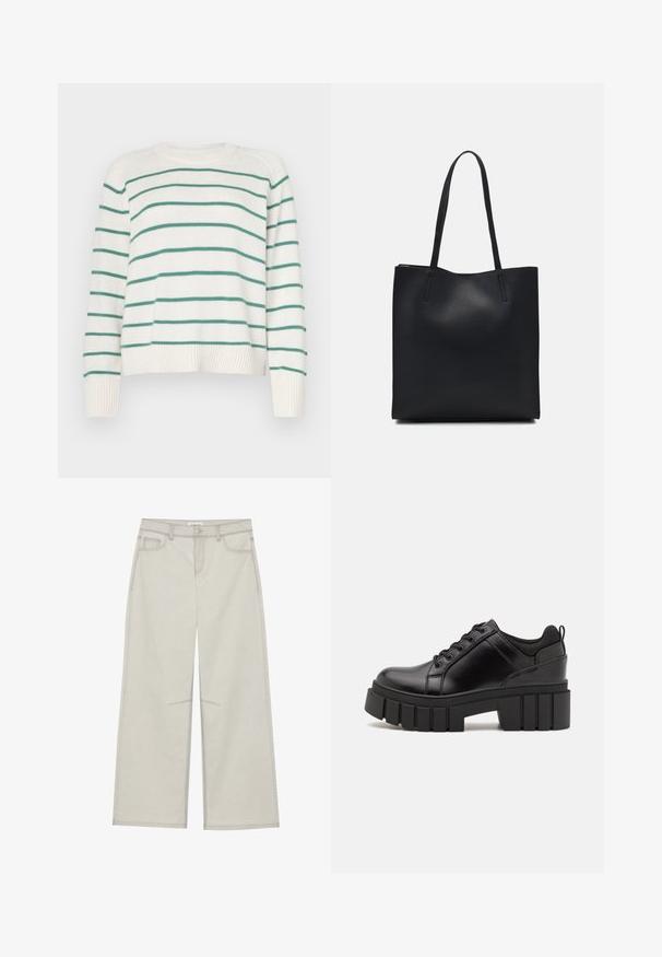 White sweater with green horizontal stripes, round neckline, and ribbed cuffs. Soft texture, slightly cropped design with loose fit.; Light gray wide-leg pants with five pockets, front button closure, and contrast stitching along seams. Fabric appears soft and durable.; Black leather platform shoes with a chunky block heel, round toe, and traditional lace-up design. Features smooth texture and minimal detailing.; Black leather tote bag with smooth texture, rectangular shape, and two long handles. No visible hardware or embellishments.