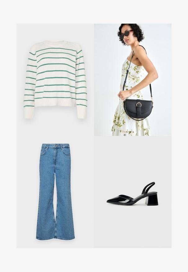 Maglione bianco con righe orizzontali verdi, scollatura rotonda e polsini a coste. Tessuto morbido, design leggermente accorciato con vestibilità ampia.; Jeans svasati di un blu chiaro, realizzati in denim, con vita alta, cinque tasche e chiusura a un bottone. Morbido al tatto con una finitura scolorita.; Décolleté in vernice nera con punta affusolata e tacco in geometria cubica. Presentano un design elegante e minimalista, con una texture liscia.; Borsa a tracolla nera in pelle con una forma curva, manico rimovibile e accessori dorati. La borsa presenta una patta con un dettaglio a fibbia.