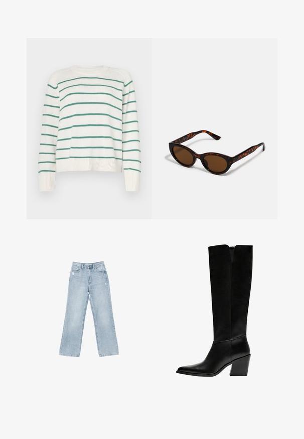 Weißer Pullover mit grünen horizontalen Streifen, rundem Ausschnitt und gerippten Bündchen. Weiche Textur, leicht verkürzter Schnitt mit lockerer Passform.; Hellblaue Jeans aus Denim mit weiter Beinform, mit Used-Details, fünf Taschen und einem Reißverschluss.; Schwarze kniehohe Stiefel aus glattem Leder, mit spitzem Schuhbund, einem Blockabsatz und einem V-förmigen Ausschnitt an der Oberseite.; Braune Schildpatt-Sonnenbrille mit einer Vintage-Cat-Eye-Form und braunen Gläsern. Verfügt über gebogene Bügel mit roten Akzenten.