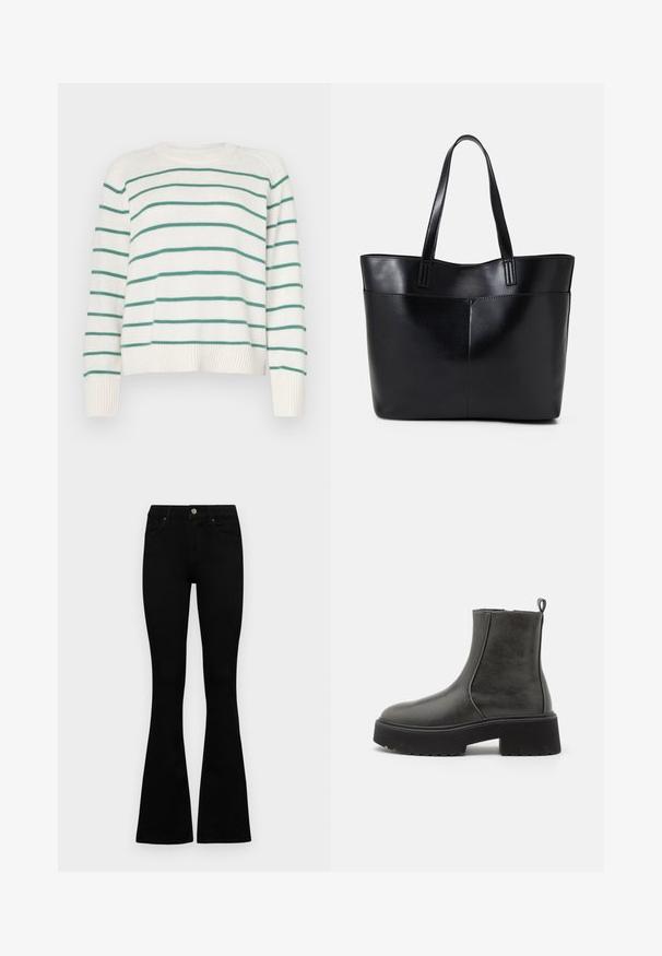 Maglione bianco con righe orizzontali verdi, scollatura rotonda e polsini a coste. Tessuto morbido, design leggermente accorciato con vestibilità ampia.; Jeans neri a vita alta con chiusura a bottoni e zip, tasche frontali e gambali svasati, distesi su uno sfondo bianco.; Stivali neri alla caviglia con una superficie sintetica liscia, pannelli laterali elastici, una linguetta per la presa e una suola in gomma spessa.; Borsa a tracolla in pelle nera con due manici lunghi, una texture liscia e una forma strutturata. Presenta una tasca frontale per ulteriore spazio di archiviazione.