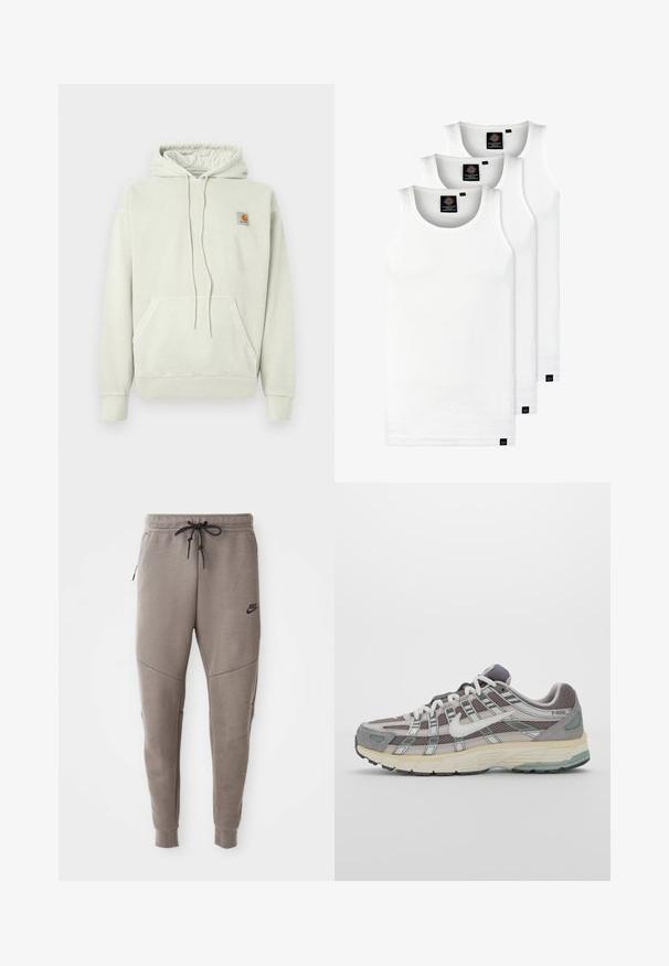Sudadera gris claro hecha de tela suave, con un bolsillo canguro, capucha con cordón y un pequeño parche de logo en la parte superior izquierda.; Tres camisetas sin mangas de algodón de color blanco con canalé. Cuentan con cuello redondo y pequeñas etiquetas negras cerca del dobladillo. Disponibles en múltiples tamaños.; Pantalones de chándal grises de Nike con cintura ajustable, piernas ajustadas, bolsillos laterales y costuras distintivas. Tejido suave y texturizado.; Zapatilla deportiva gris con parte superior de malla y ante, acentos blancos, suela acolchada y un diseño distintivo con elementos reflectantes.