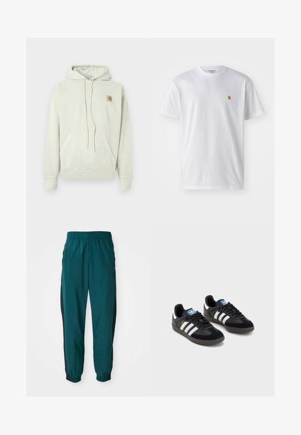 Világosszürke kapucnis pulóver, puha anyagból készült, kenguruzsebbe, húzózsinóros kapucnival és egy kis logóval a bal felső oldalon.; Fehér pamut póló rövid ujjakkal, kerek nyakkal, bal mellel egy kis arany logóval. Puha tapintású és normál fazonú.; Teal színű sportnadrág, zsinórral állítható derékkal, rugalmas mandzsettákkal és fekete oldalsávokkal. Könnyű anyagból készült, csípőnél elhelyezett logóval.; Fekete sportcipők, velúrból és szintetikus anyagból készült felsőrésszel, három fehér csíkkal, textúrázott gumitalppal és kék logó címkével a nyelvén.