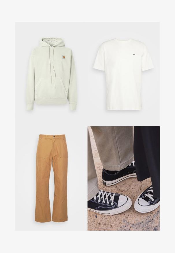 Lichtgrijze hoodie van zacht materiaal, met een kangoeroezak, een capuchon met trekkoord en een klein logo patch aan de bovenkant links.; Witte katoenen t-shirt met ronde hals, korte mouwen en een klein zwart "W.W." logo op de linkerborst. Gladde textuur, reguliere pasvorm.; Tan cargobroek gemaakt van duurzaam materiaal, met zijzakken, metalen hardwareaccenten, een rechte pasvorm en een reguliere tailleband.; Zwarte canvas sneakers met witte rubberen neuzen en veters. Contrasterende stiksels en metalen oogjes voegen detail toe. Gecombineerd met beige broek en zwarte stof.