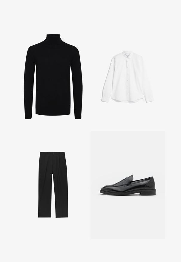 Maglione a collo alto nero, con maniche lunghe, colletto e orlo a costine, realizzato in un morbido tessuto a maglia, presenta un logo discreto sul lato inferiore.; Camicia bianca a maniche lunghe con colletto classico e tessuto visibilmente morbido e strutturato. Presenta un orlo dritto e maniche con polsini abbottonati.; Pantaloni neri con un design a gamba dritta, realizzati in un tessuto liscio. Presentano pieghe frontali e una chiusura a un bottone in vita.; Mocassini in pelle nera con finitura liscia, caratterizzati da una punta tonda e una fascia stretta sulla parte superiore. Tacco basso impilato.