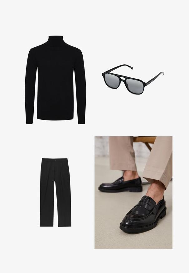 Sort rullekravetrøje med lange ærmer, ribbede kanter og bund, lavet af glat strikket stof, med et subtilt logo på den nedre side.; Sorte bukser med lige ben, lavet af et glat stof. Har frontfolder og en enkelt knaplukning i taljen.; Sorte lædermokkasiner med en glat overflade, der har en dekorativ rem og kontraststing, parret med beige bukser.; Sorte solbriller med rektangulære rammer, gråt tonede linser og en broudskæring design. Slankt, glat plastmateriale med smalle stænger.