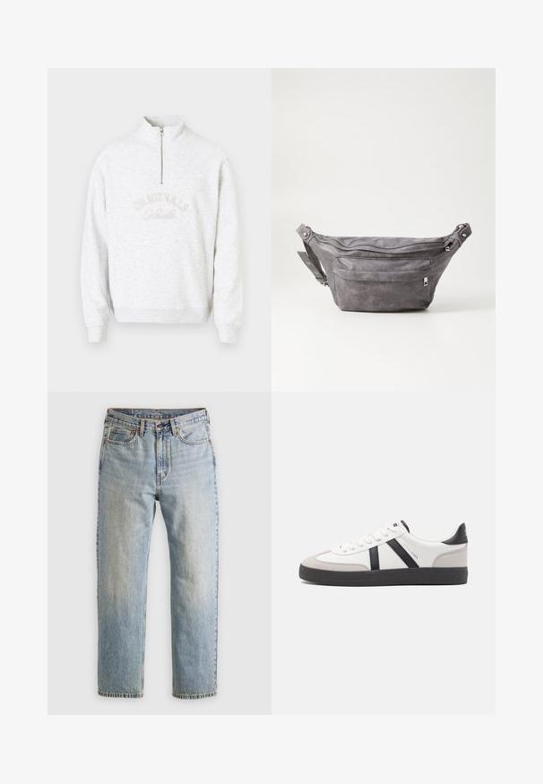 Felpa grigia chiara con colletto a zip quarti, con la scritta "ORIGINALS" ricamata in un motivo curvo. Tessuto morbido, maniche lunghe.; Jeans in denim azzurro chiaro con vita alta, bottone anteriore, cerniera e design a cinque tasche, adagiati su uno sfondo neutro.; Sneaker bianco con accenti neri e grigi, dotata di una punta grigia testurizzata, suola in gomma nera e lacci bianchi piatti. Design pulito, stile minimalista.; Fanny pack in suede grigio con forma arrotondata, due scomparti con cerniera e tracolla regolabile. Presenta dettagli in metallo.
