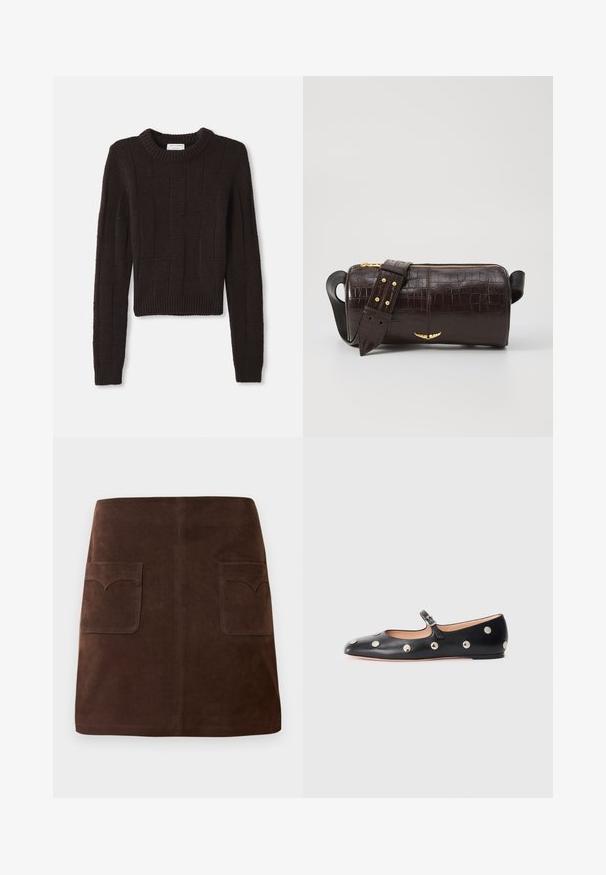 Ruskea lyhyt neulepaita, jossa on teksturoitu geometrinen kuvio, ribattu kaula-aukko ja helma, pitkät hihat ja paksu neulekangas.; Ruskea mokkanahkainen hame, jossa on klassinen A-linjainen malli, kaksi etutaskua pyöreillä läpillä ja hienovaraisia ommeltyöstöjä.; Musta nahkainen Mary Jane -tyylinen tasapohjakenkä, jossa on pyöreä varvas. Kenkässä on hopeisia pyöreitä niittejä ja säätöremmi, jossa on solki.; Ruskea krokotiilinkuosilla varustettu nahkalaukku, jossa on sylinterimäinen muoto, kultasävyiset yksityiskohdat ja irrotettava hihna, jossa on niittejä.
