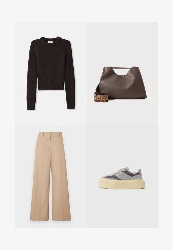 Kohvitooni lühike sviiter, millel on tekstureeritud geomeetriline muster, ribidega kaelus ja äär, pikad varrukad ning paks kudum.; Bežid laiused püksid siledast puuvillast kangast, millel on kohandatud vöökoht ja lame esiosa, kujundatud mugavaks istuvuseks ja puhaste joontega.; Hallhalli suede tossud, millel on võrkpaneelid, kreemivärvi tald ja ümarad varbad. Omab beežisid paelu ja peente perforatsioonidega külgi.; Pruun nahkne käekott tekstureeritud viimistlusega, nurkadega disain ja silmapaistev ülemine sang. Omab mustriga kootud rihma detaili.