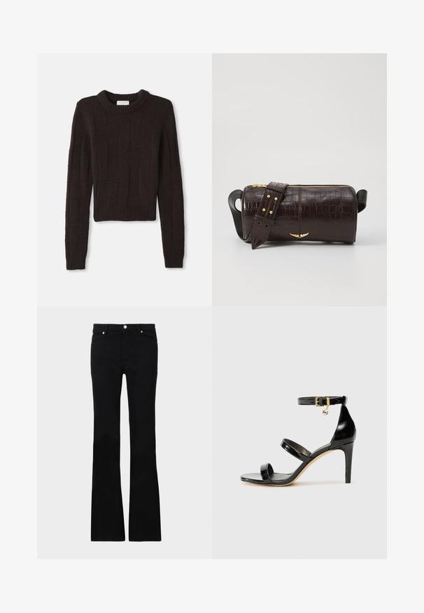 Rudas trumpas megztinis su tekstūruotu geometriniu raštu, įtemtu kaklu ir apatine dalimi, ilgomis rankovėmis ir storu mezgimu.; Juodi plačios kojų džinsai, pagaminti iš denimo, turintys dvi priekinės kišenes, užsegimą su mygtuku ir lygią tekstūrą. Išsiuvinėjimas matomas siūlėse.; Juodas patentuotas odinis sandalai su trimis diržais, kulkšnies sagtimi ir 4 colių stiletto kulnu. Yra aukso detalės ir logotipo žavesys.; Ruda krokodilo odspaudo odinė rankinė cilindro formos, su auksinėmis detalėmis ir nuimamu dirželiu, papuoštu studelėmis.