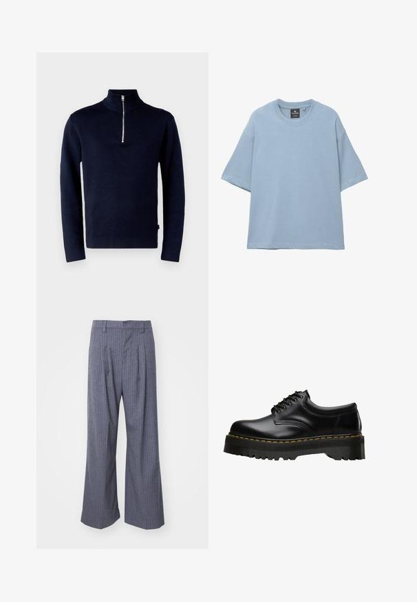 Jack & Jones PREMIUM JPRBLAMILANO HALF ZIP - Pulóver - night sky; Világoskék, oversized, rövid ujjú T-shirt, kerek nyakkivágással és a gallér belsejében látható márkacímkével, fehér háttér előtt bemutatva.; Szürke csíkos nadrág széles lábakkal, elöl pliszírozva és sima textúrával. Nincsenek látható fémrészek vagy kiegészítők.; Fekete bőr fűzős cipő, vastag, fogazott fekete gumitalppal és sárga varrással a széleken, sima felülettel.