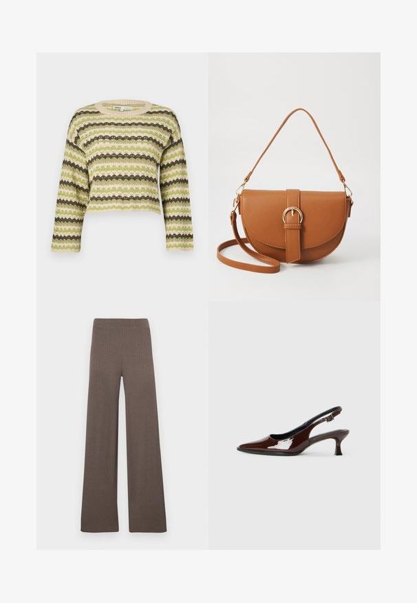 Heklet genser med grønne, beige og mørkebrune horisontale striper med en bølgete design, kort lengde og ribbestrikket hals.; Ribbede bukser med vide ben i en mørk brun farge, med elastisk midjebånd og et mykt, teksturert stoff.; Brune patentlæder slingback sko med spids tå og moderat hæl. Har en spænde rem for sikker pasform. Glat tekstur.; Brun lærcrossbody-veske med en buet form, gullhardware og et spenneakcent. Har en avtakbar skulderreim.