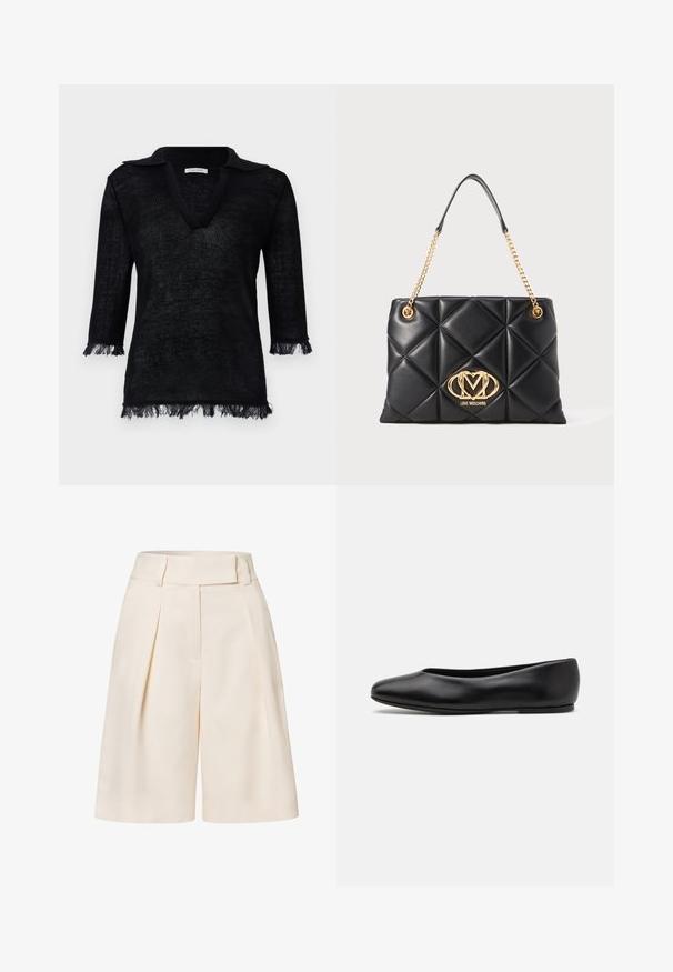 Black knit pullover with a V-neck and collar. Features three-quarter length sleeves with fringe details at cuffs and hem. Textured material.; Cream-colored tailored shorts with a high waist, pleated front, and a smooth fabric texture. Features wide, cropped legs.; Paul Smith TOPANGA - Ballet pumps - black; Black quilted handbag in faux leather with a gold chain strap, featuring a prominent gold logo and diamond pattern on the surface.