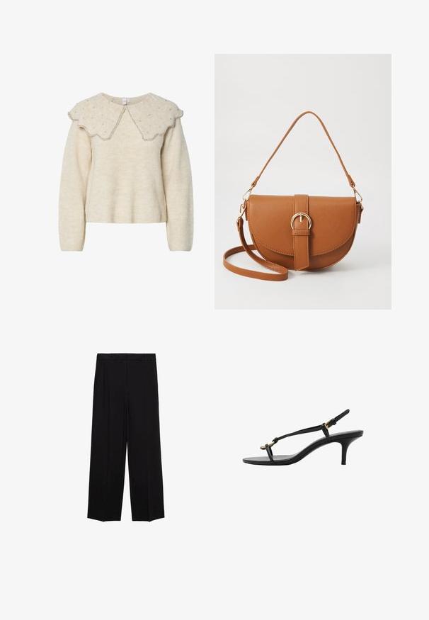 Cream-colored sweater with a scalloped collar and silver bead accents. Made from textured, soft fabric. Features long sleeves and a relaxed fit.; Black wide-leg trousers with a smooth fabric, featuring pleats at the front and side pockets, designed with a straight, relaxed cut.; Black leather kitten heel sandal with thin straps, gold buckle, and minimalist toe loop on a white background.; Brown leather crossbody bag with a curved shape, gold hardware, and a buckle accent. Features a detachable shoulder strap.