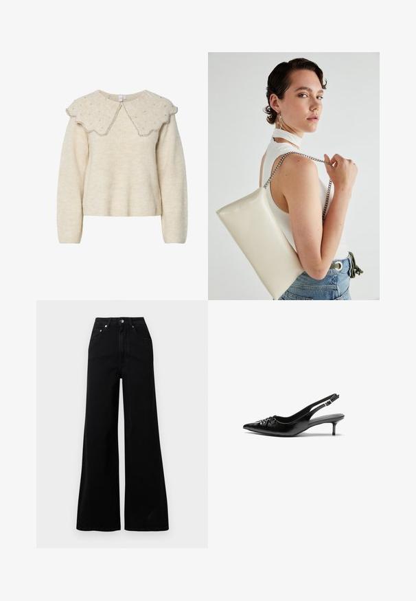 Cream-colored sweater with a scalloped collar and silver bead accents. Made from textured, soft fabric. Features long sleeves and a relaxed fit.; Black wide-leg jeans made from denim, featuring a high waist, five pockets, front button closure, and minimal stitching details.; Black leather slingback heels with a pointed toe, small kitten heel, and a decorative knot detail on the front. Smooth texture throughout.; White rectangular clutch bag made of glossy material, featuring a silver chain strap. Model poses, showcasing the bag against a plain background.