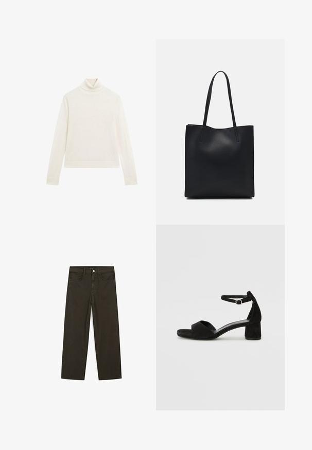 Krémový rolákový svetr z měkké látky, s dlouhými rukávy, přiléhavým střihem a žebrovanými manžetami bez vzorů nebo zdobení.; Tmavě zelené široké džínsy vyrobené z bavlněné směsi, s předním zapínáním na knoflík, pěti kapsami a klasickým denimovým stehem.; Černé sametové sandály na podpatku s tenkým řemínkem kolem kotníku, otevřenou špičkou a skromným blokovým podpatkem. Hladká textura a minimální akcenty.; Černá kožená taška přes rameno s hladkým povrchem, obdélníkovým tvarem a dvěma dlouhými uchy. Žádné viditelné kování ani ozdoby.