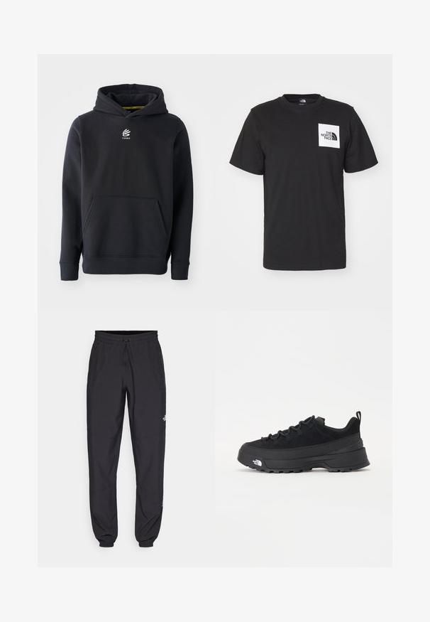 Sudadera negra de tela de mezcla de algodón, con un bolsillo tipo canguro y un logo bordado en el pecho. Diseño simple y clásico.; Camiseta de algodón negra con manga corta, cuello redondo y un logo cuadrado blanco en el pecho que presenta el texto "The North Face" y un diseño curvado.; Pantalones deportivos negros hechos de un tejido ligero, con una cinturilla ajustable, bolsillos laterales y puños ajustados en los tobillos.; Zapatilla negra de exterior con parte superior de ante, suela de goma texturizada y un sólido sistema de cordones. Cuenta con un talón reforzado y el logotipo de la marca en el lateral.