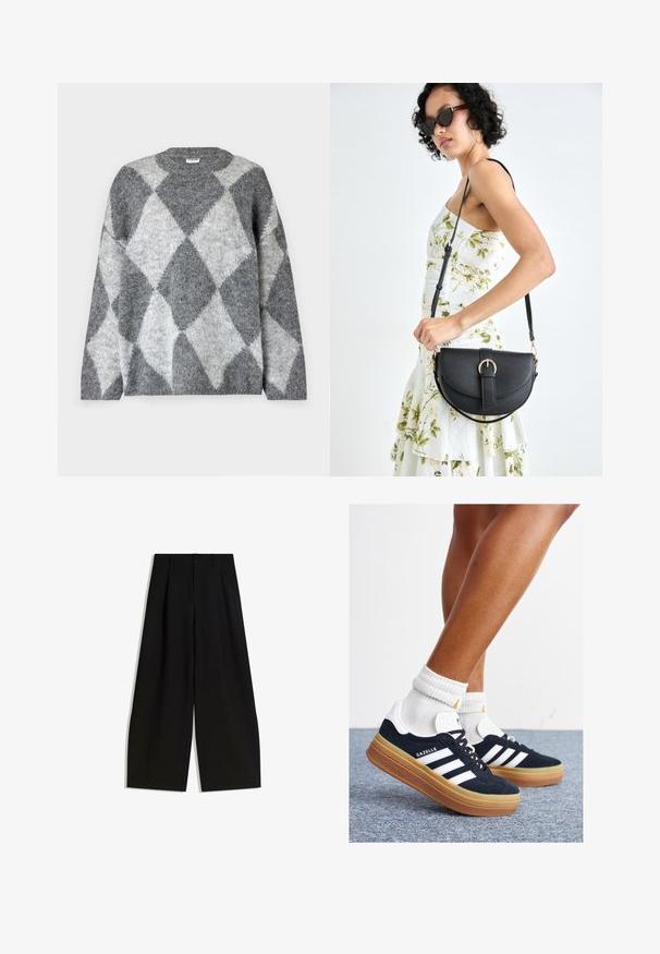 Noisy May NMSUTTON OVERSIZE - Pulover - dark grey melange; Črne široke hlače iz gladkega materiala, z visokim pasom, gubami spredaj in brez vidnih okraskov ali vzorcev.; Črni antilop superge z belimi črtami in poudarki, okrogel prst, gumijasti podplat, kombinirane z belimi rebrastimi nogavicami.; Črna usnjena torbica s ukrivljeno obliko, z odstranljivo naramnico in zlatimi dodatki. Torbica ima pokrov s podrobnostmi v obliki zaponke.