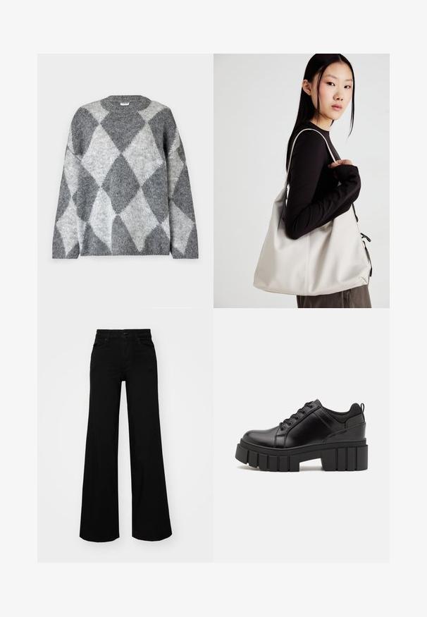 Noisy May NMSUTTON OVERSIZE - Jumper - dark grey melange; Black wide-leg pants made of denim, featuring a structured waistband, belt loops, and front pockets. Smooth texture with a classic design.; Black leather platform shoes with a chunky block heel, round toe, and traditional lace-up design. Features smooth texture and minimal detailing.; Beige handbag made of soft material, featuring a slouchy design, stitched detailing, and two shoulder straps. Suitable for everyday use.