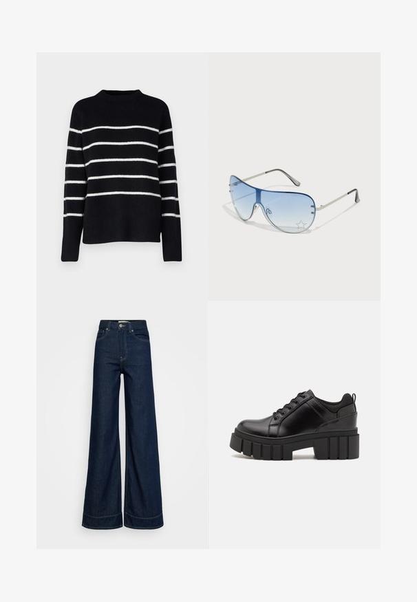 Vero Moda Tall VMFLAWLESS - Maglione - black/birch; Jeans a vita alta di colore blu scuro, con gamba larga, tasche frontali, passanti per cintura, chiusura con bottone e cuciture visibili su uno sfondo bianco.; Scarpe platform in pelle nera con tacco a blocco robusto, punta rotonda e design tradizionale con lacci. Presentano una superficie liscia e dettagli minimi.; Occhiali da sole aviator con lenti blu sfumate, montatura in metallo argentato e decorazioni a forma di stella sulle lenti. Design liscio e sofisticato.