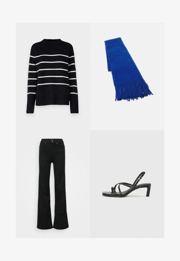 Vero Moda Tall VMFLAWLESS - Jersey de punto - black/birch; Pantalones vaqueros negros acampanados de mezclilla, con cintura alta, cinco bolsillos y cierre de botón metálico. Textura suave con un detalle mínimo.; Sandalia negra de tiras con punta cuadrada y tacón bajo de bloque. Presenta múltiples tiras delgadas y una correa ajustable en el tobillo. Fabricada en cuero suave.; Bufanda azul tejida con bordes deshilachados, textura suave, forma rectangular y color uniforme en toda su extensión. Adecuada para el clima frío.; Anillo de plata de doble banda con una superficie lisa y pulida. Presenta un diseño fluido y curvado con secciones superpuestas para un aspecto moderno.
