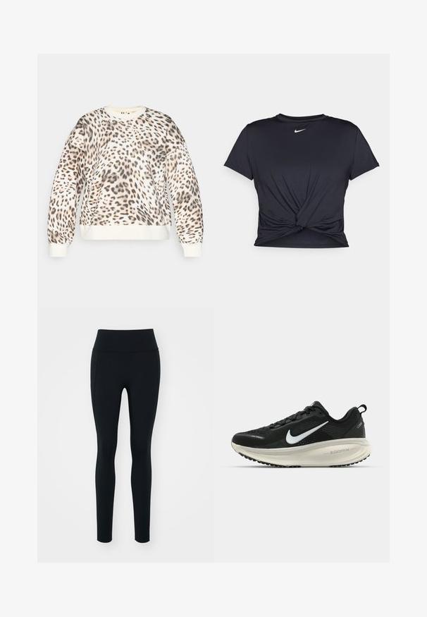 Sweatshirt à motifs léopard avec une base crème, col rond et poignets côtelés. Tissu doux avec une coupe décontractée et un motif animal distinct.; T-shirt de sport noir en tissu lisse, avec un design avant noué et un petit logo Nike blanc sur la poitrine.; Leggings noirs en matière extensible avec une taille haute. Texture lisse, design ajusté et sans embellissements ni motifs visibles.; Baskets de course noir Nike avec tige respirante en mesh, logo swoosh blanc, détails texturés et semelle intermédiaire ZoomX de couleur crème.