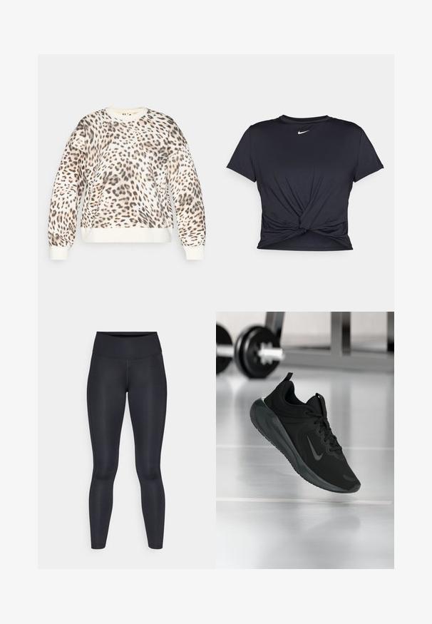 leopardimustriga sviiter kreemjas aluses, ümmarguse kaelusega ja soonikservadega. Pehme kangas, igapäevaselt mugav istuvus ja eriline loomamuster.; Mustmust musta sportlik T-särk, mis on valmistatud sujuvast kangast, millel on sõlmega esikülg ja väike valge Nike logo rinnal.; Mustad mustad, mis on valmistatud siledast ja venivast kangast. Kõrge vöökoht, ilma nähtavate mustrite või aksessuaarideta. Sobivad tihedalt puusadelt kuni pahkluuni.; Mustad mustang spordijalatsid Nike logo'ga, õhus spordisaali põrandal, häguste hantlite riiulitega taustal.