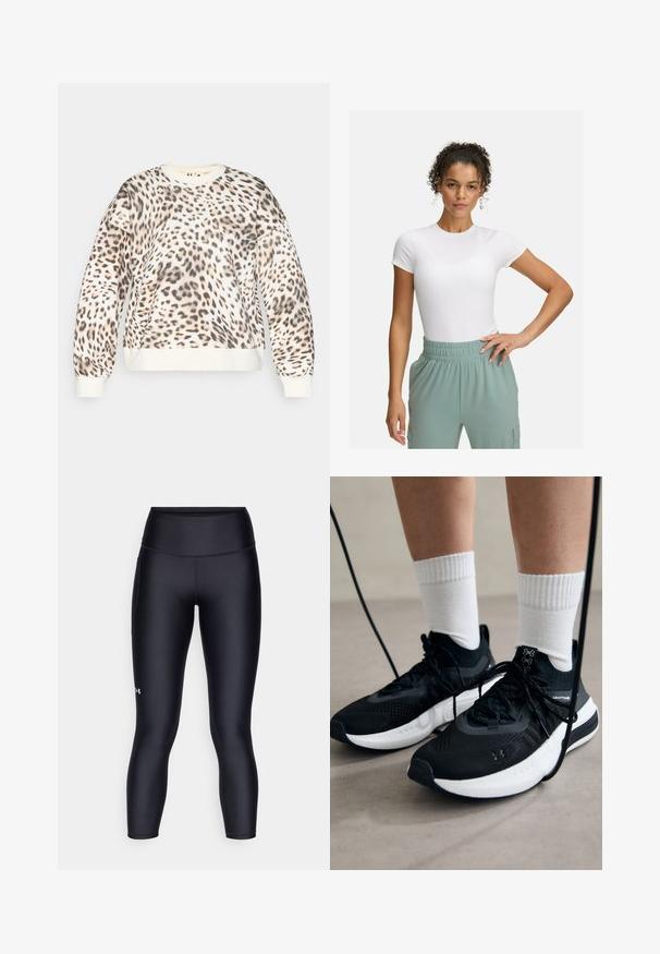 Sudadera de estampado de leopardo con base crema, cuello redondo y puños acanalados. Tejido suave con un corte relajado y un distintivo patrón animal.; Camiseta blanca ajustada de manga corta, combinada con pantalones de cintura elástica de color verde claro. Textura suave, diseño minimalista y sin patrones visibles.; Leggings negros hechos de una tela suave y elástica. Diseño de cintura alta con un ajuste ceñido y un pequeño logo en la pierna izquierda.; Zapatillas deportivas negras con tela texturizada, suela blanca y cordones negros. Llevadas con calcetines blancos de canalé, de pie sobre una superficie clara.