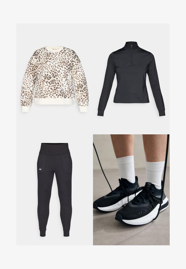 Sweatshirt com padrão de leopardo, base em creme, decote redondo e punhos canelados. Tecido suave com um corte relaxado e um padrão animal distinto.; Pullover preto de manga longa com colarinho alto e fecho de correr, feito de tecido suave. Apresenta mangas ajustadas e um design cropped.; Leggings atléticos pretos, feitos de material elástico, com uma cintura alta, bolsos laterais e punhos ajustados no tornozelo.; Sapatilhas desportivas pretas com tecido texturizado, sola branca e atacadores pretos. Usadas com meias brancas caneladas, a pé sobre uma superfície clara.