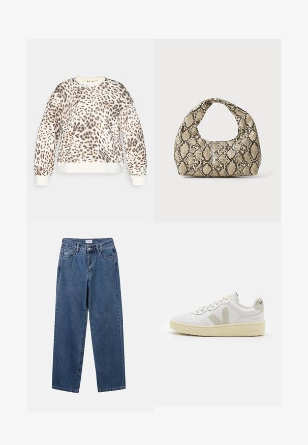 Leopard print sweatshirt with a cream base, round neckline, and ribbed cuffs. Soft fabric with a relaxed fit and distinct animal pattern.; Classic blue denim jeans with a straight-leg design, five pockets, and a button closure. Features a medium wash and sturdy texture.; White leather sneaker with beige suede accents, perforated toe box, flat laces, and a textured cream sole. Features subtle branding on heel.; Snake-print handbag with a curved handle. Made from textured, beige and brown materials, featuring a distinctive diamond pattern.