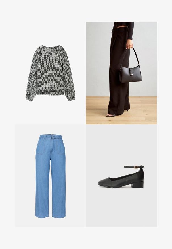 Črna in bela srajca z dolgimi rokavi v vzorcu ribje kosti, s pravokotnim izrezom in rahlo napihnjenimi rokavi z elastiko na koncu.; Svijetloplave traper široke hlače s pojasom, dva prednja džepa i jednostavnom teksturom. Ima minimalistički dizajn i čiste linije.; Črne usnjene pumpice z nazobčanimi prsti in nizko blokasto peto. Imajo trak okoli gležnja z zaponko v zlatem tonu. Gladka tekstura.; Črna torbica z strukturirano obliko, gladko teksturo in kovinskim zaponko. Ujemajo se z širokimi črnimi hlačami in odprtimi sandali na lesenem tleh.