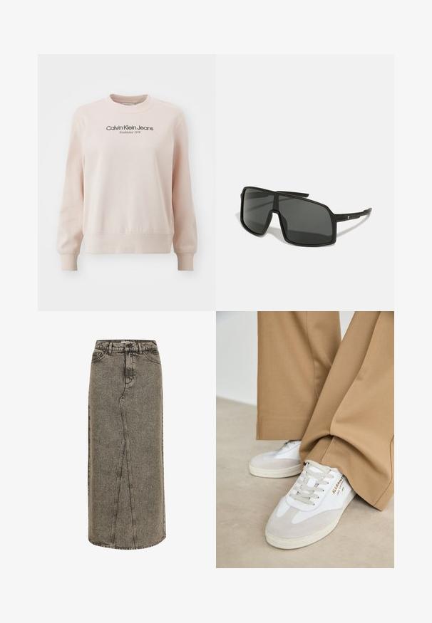 Calvin Klein Jeans INSTITUTIONAL GRAPHIC - Mikina - peach whip; Denim maxi sukně ve vybledlé černé barvě se střihovým provedením do přímého tvaru, viditelným prošitím a předním rozparkem. Obsahuje standardní pas a poutka na opasek.; Bílé tenisky s semišovými akcenty, texturovanými tkaničkami a gumovou podrážkou. Kombinováno s volnými béžovými kalhotami. Logo umístěné na boční straně.; Černé sluneční brýle s velkým, hranatým rámem, tmavými skly a tenkými, elegantními rameny s malým logem na jedné straně.; Stříbrné kruhové náušnice s lesklým povrchem, které mají obdélníkový design a bezproblémové závěsy, vykazující hladký povrch.