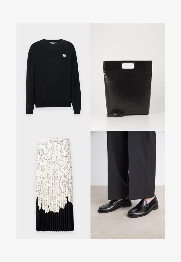 Svart hettegenser laget av bomull. Har lange ermer, rund hals og en liten hvit blomst brodert på venstre bryst.; Plissert skjørt med et blomstermønster i svart og hvitt, med en lys toppdel med blomster og en solid svart nederkant.; Sorte skinnloafere med en glatt overflate, sydd detaljer rundt tåen, og en lav gummisåle. Kombinert med vide svarte bukser.; Svart lær tote veske med firkantet håndtak, med teksturert overflate og preget logo. Inkluderer en avtagbar stropp.