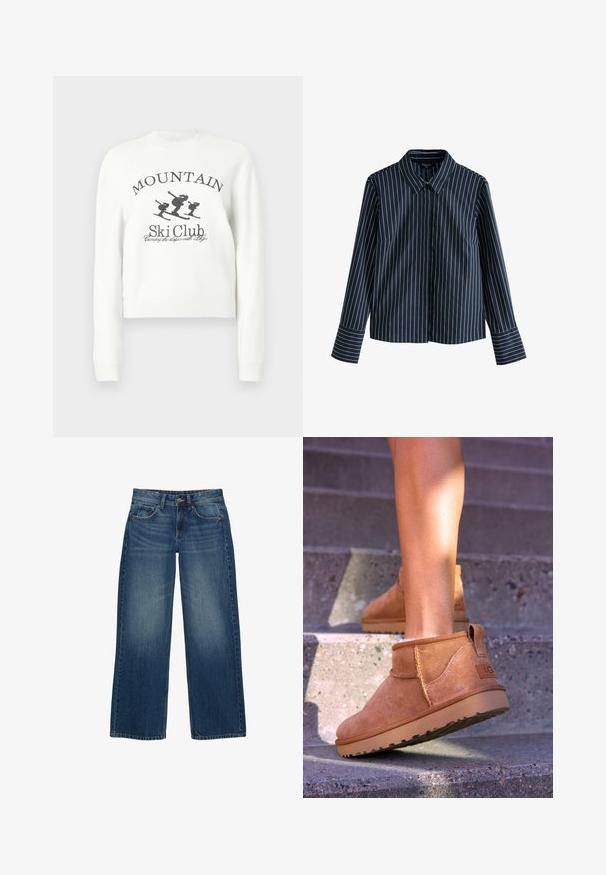 Felpa bianca cropped con scollo rotondo, maniche lunghe e stampa grafica di sciatori con la scritta "MOUNTAIN Ski Club".; Camicia a maniche lunghe blu navy con righe verticali bianche, colletto e chiusura frontale con bottoni. Presenta una vestibilità sagomata e maniche con polsini.; Jeans in denim blu a gamba larga, con un effetto lavato, design a cinque tasche e cuciture a contrasto. Chiusura con bottone e zip.; Stivali alla caviglia in suede beige con una consistenza morbida, dettagli cuciti e suola in gomma, dotati di un tacco ad anello per una facile vestibilità.