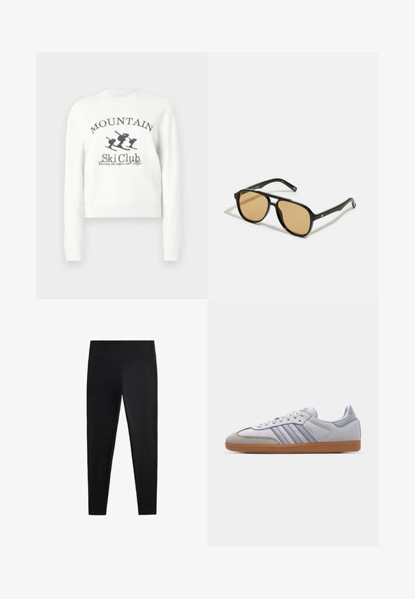 Fehér, rövidített pulóver kerek nyakkivágással, hosszú ujjal, síelős grafikával és "MOUNTAIN Ski Club" felirattal.; Fekete leggings sima, rugalmas anyagból. Széles derékpánt és szűkülő lábzárás jellemzi, alkalmas aktív vagy laza viseletre.; Fehér bőr sportcipők világoskék részletekkel, szürke velúr orral és barna gumitalppal. Három kék csíkkal és "Samba" felirattal rendelkezik.; Fekete napszemüveg barna árnyalatú lencsékkel; téglalap alakú, vastag kerettel, a szárakon diszkrét fém részletekkel.